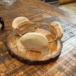 Gold Wire Bangle Bracelet with Cream Stone Accents